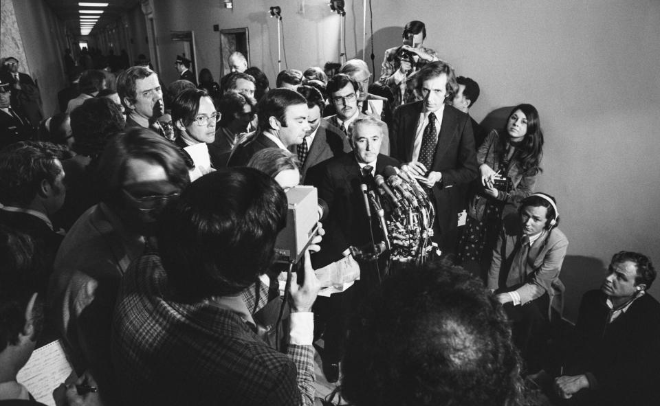 Congressman Peter Rodino (D-New Jersey), chair of the House Judicial Committee that oversaw the Richard Nixon impeachment hearings, surrounding by journalists, including Sam Donaldson (left of the congressman) in Washington DC, on April 25, 1974.