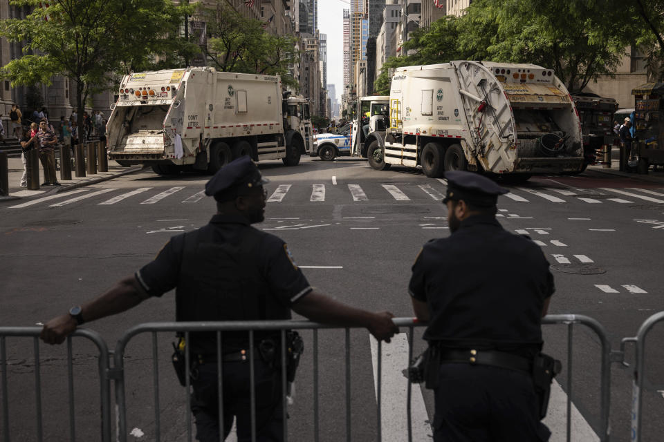 NYPD stand in the area ahead of the annual Israel Day Parade on Sunday, June 2, 2024, in New York. (AP Photo/Yuki Iwamura)