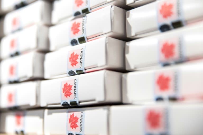 Cannabis items for sale are seen on October 16, 2018 in a Montreal cannabis store owned by the SQDC (Quebec Society for Cannabis), a day before the October 17, 2018 legalization of cannabis in Canada