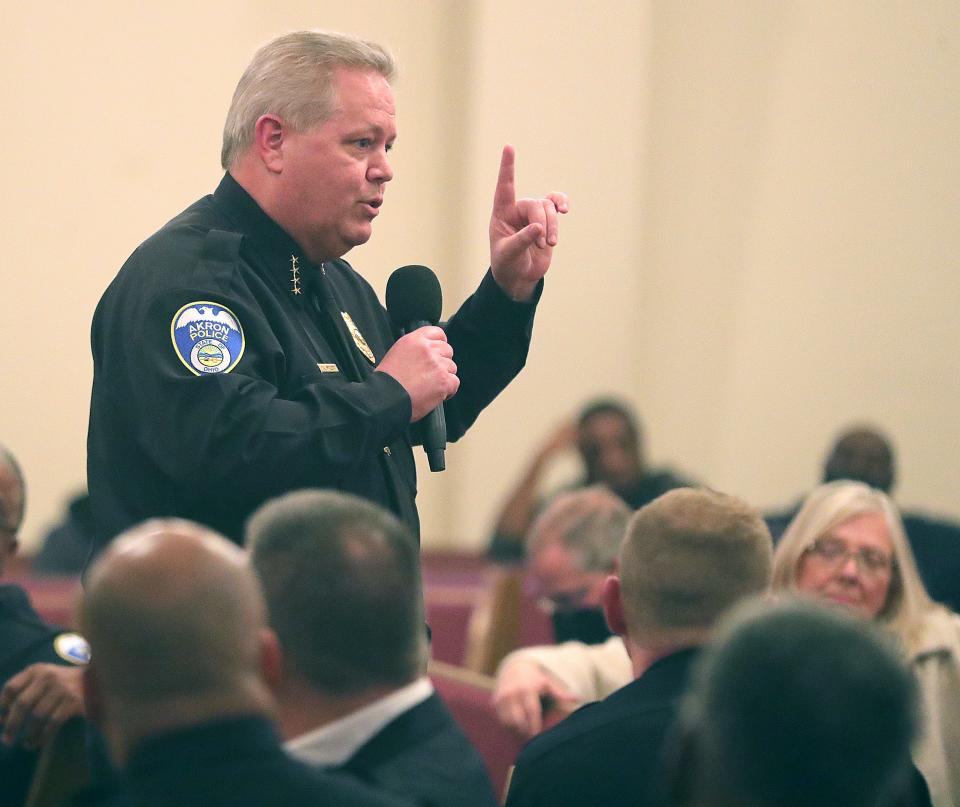 Akron Police Chief Steve Mylett, seen here at a community meeting last month, has not released the names of the officers involved in Jayland Walker's shooting. He said the officers would be named if indicted. But if they're not charged, we may never know their identities. The Ohio Attorney General withholds officer names from its reports unless they have already been identified by the police department where they work.