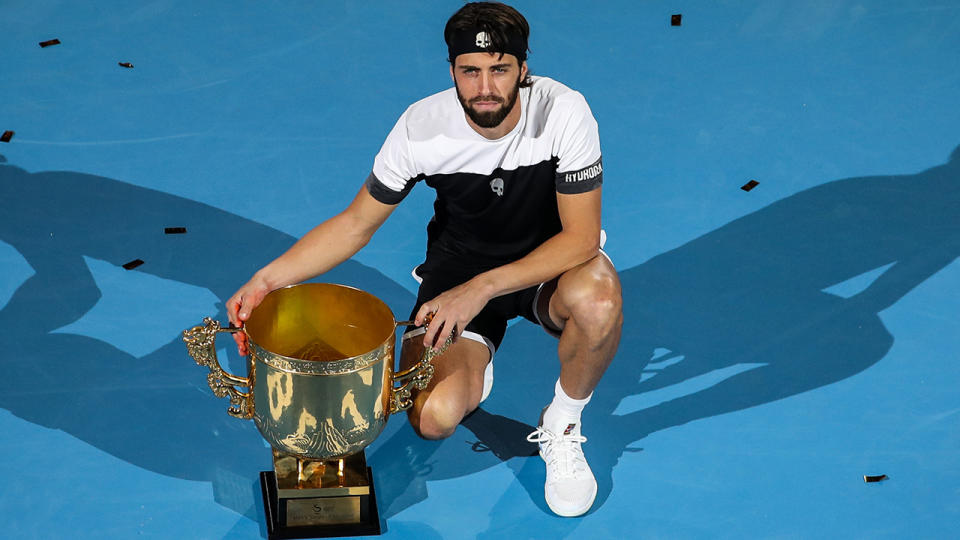 Nikoloz Basilashvili, pictured here after winning the 2018 China Open.