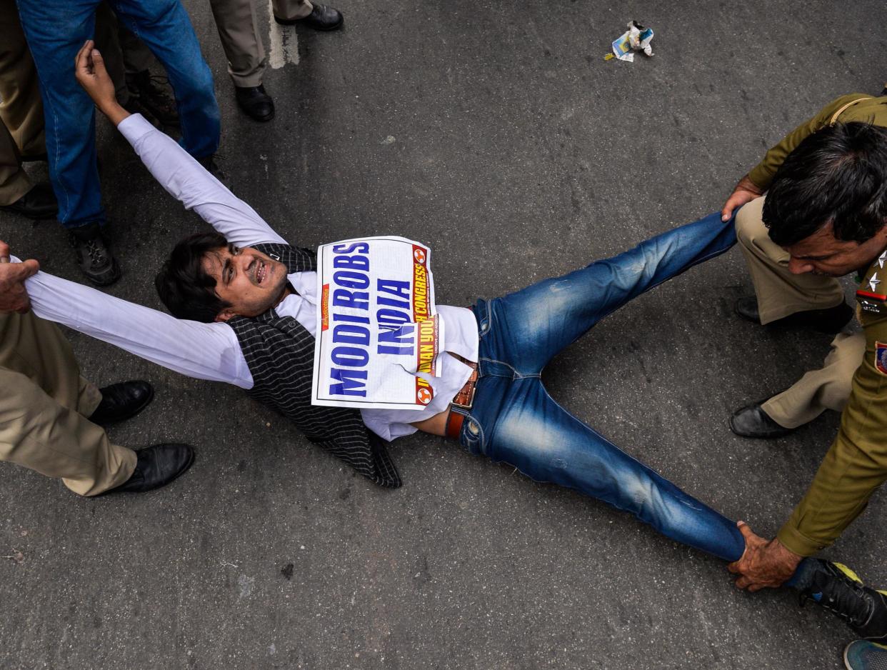 A man protesting against Nirav Modi in New Delhi on Thursday: Getty