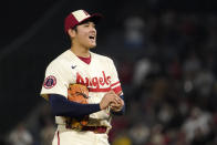 Los Angeles Angels starting pitcher Shohei Ohtani looks toward the plate after giving up a hit to Oakland Athletics' Conner Capel during the eighth inning of a baseball game Thursday, Sept. 29, 2022, in Anaheim, Calif. (AP Photo/Mark J. Terrill)