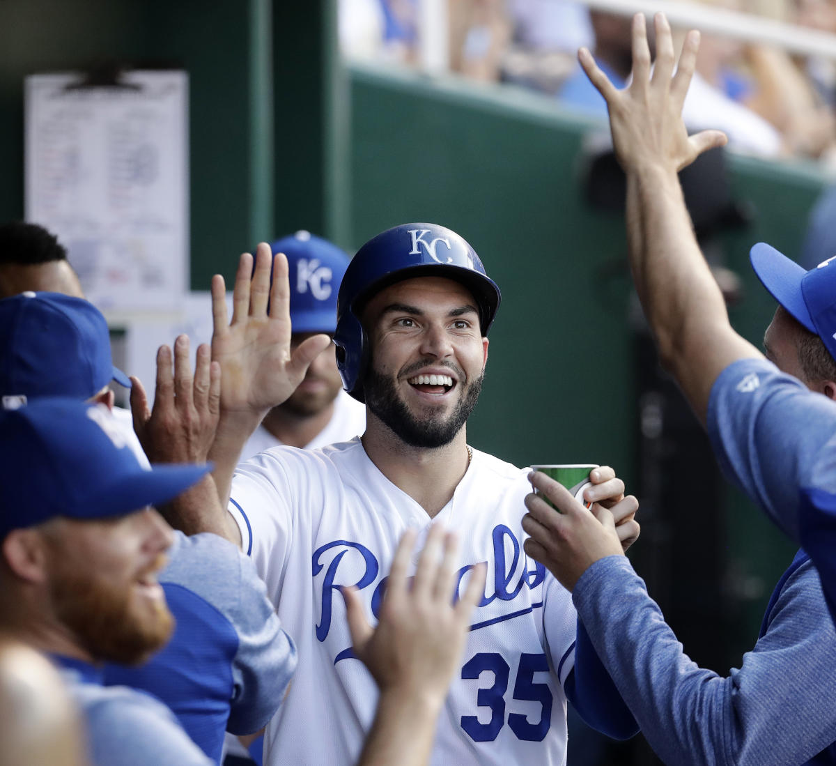 Kansas City Royals first baseman Eric Hosmer (35) sits after being