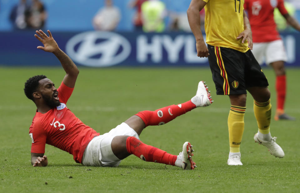 <p>England’s Danny Rose takes a tumble during the third place match between England and Belgium (AP Photo/Petr David Josek) </p>