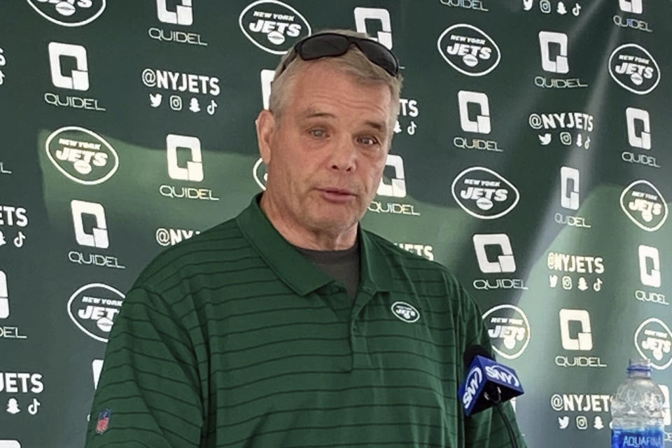 Former New York Jets NFL football player speaks during a press conference at the Jets training facility in Florham Park, N.J., Aug. 18, 2022. “I grew up in the streets of a tough town and I used to get my butt kicked when I was a kid,” said the 69-year-old Klecko, who was raised in Chester, Pennsylvania. “Fighting was part of life. And I didn’t feel like there was anybody out there that I was going to take it from. I never made that my badge of courage or something like that. "It's just how I played the game.” (AP Photo/Dennis Waszak)