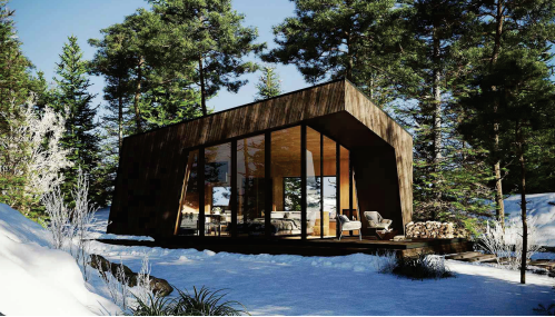 A rendering of "Savoy Model" glamping cabin at Bel Air Asheville.