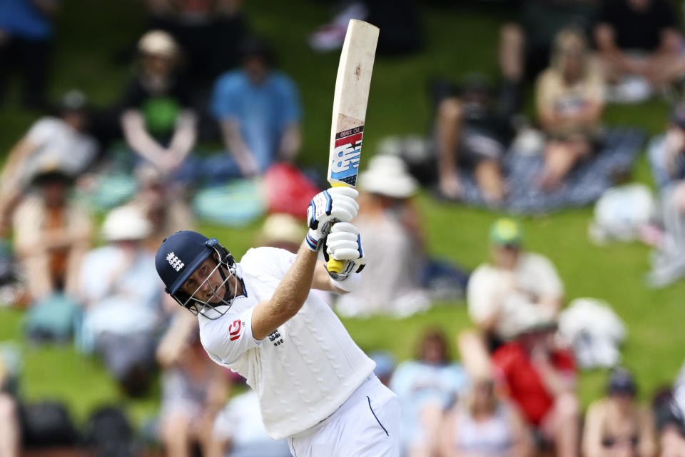 England's Joe Root bats against New Zealand on day 5 of their cricket test match in Wellington, New Zealand, Tuesday, Feb 28, 2023. (Andrew Cornaga/Photosport via AP)