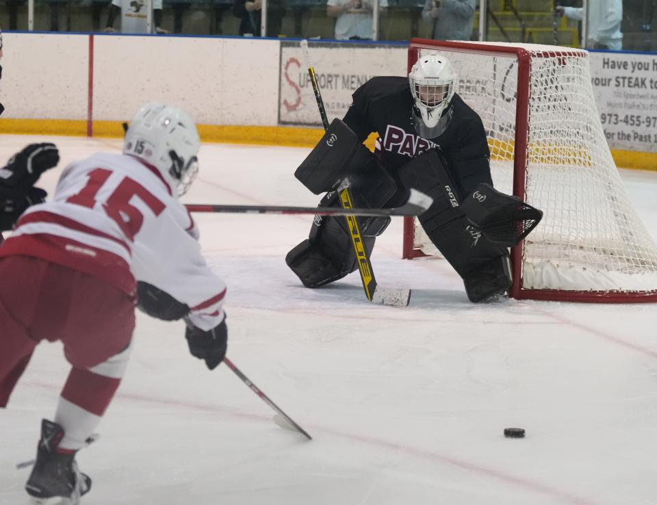 Louis Kilpatrick of BMS is stopped by Park Regional goalie Dylan Marion in the third period as Bernards/Middlesex/Somerset defeated Park Regional 4-3 in Haas Division hockey played at Mennen Arena in Morristown, NJ on December 22, 2022.