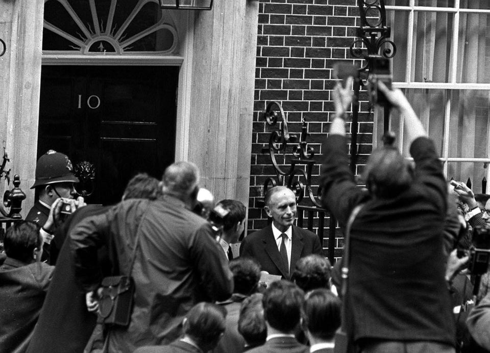 18/10/1963 - On this Day in History - Lord Home becomes the new Prime Minister of Great Britain.  Lord Home faces the press cameras and the reporters as he pays his first visit to 10 Downing Street as the new Prime Minister.