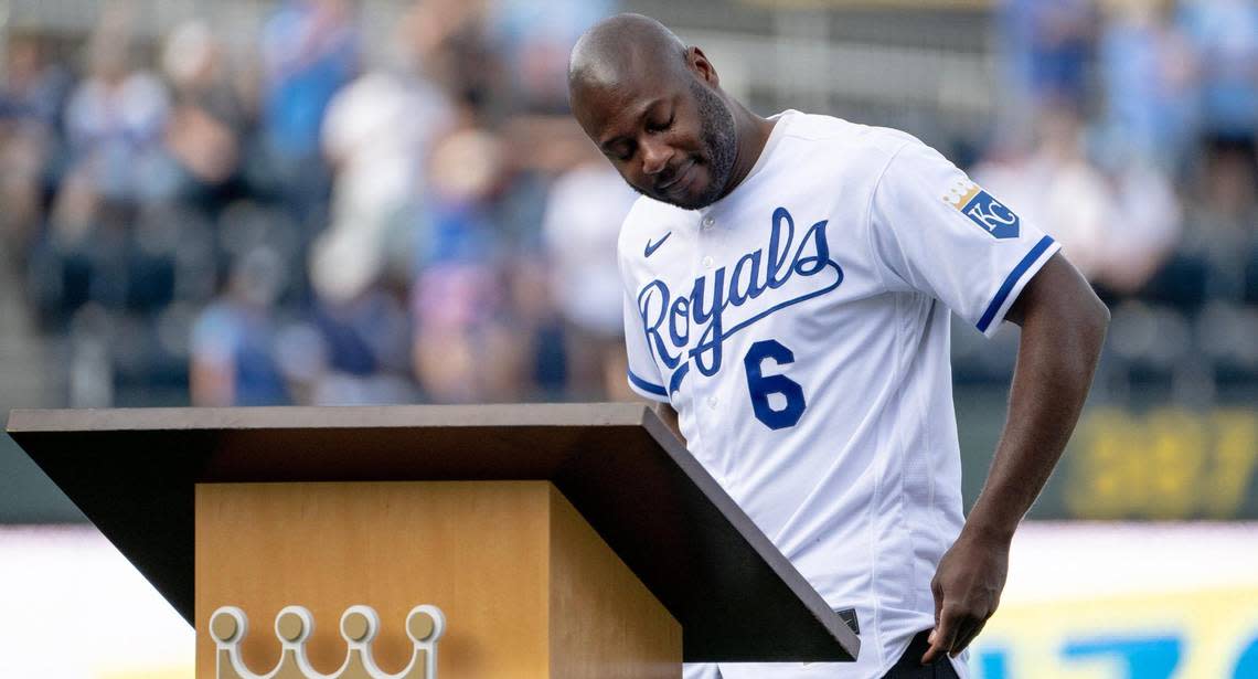 Former Kansas City Royals center fielder Lorenzo Cain cries as he speaks during a retirement ceremony at Kauffman Stadium on Saturday, May 6, 2023, in Kansas City. Cain signed a ceremonial one-day contract to retire as a Royal.