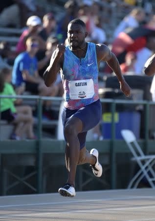 Jun 22, 2017, Sacramento, CA, USA; Justin Gatlin wins 100m heat in 10.00 during the USA Championships at Hornet Stadium. Mandatory Credit: Kirby Lee-USA TODAY Sports