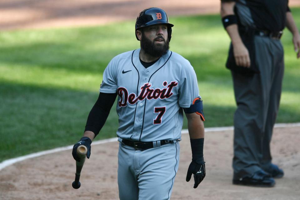 Tigers catcher Austin Romine reacts after striking out during the seventh inning of the Tigers' 5-2 loss to the White Sox on Sunday, Sept. 13, 2020, in Chicago.