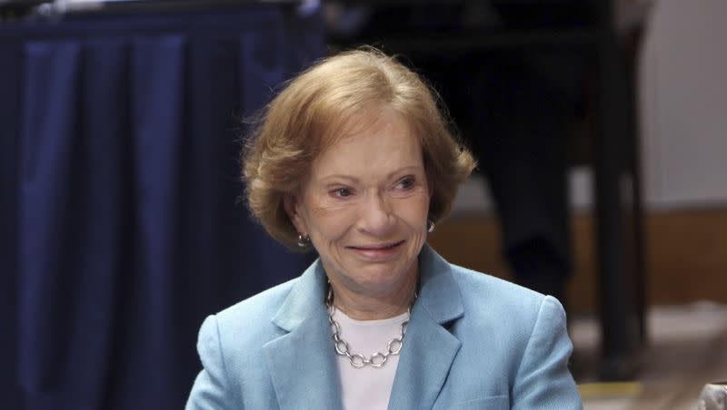 Former First Lady Rosalynn Carter listens to a speaker at The Carter Center in Atlanta on April 6, 2011. Carter died at age 96 on Sunday.