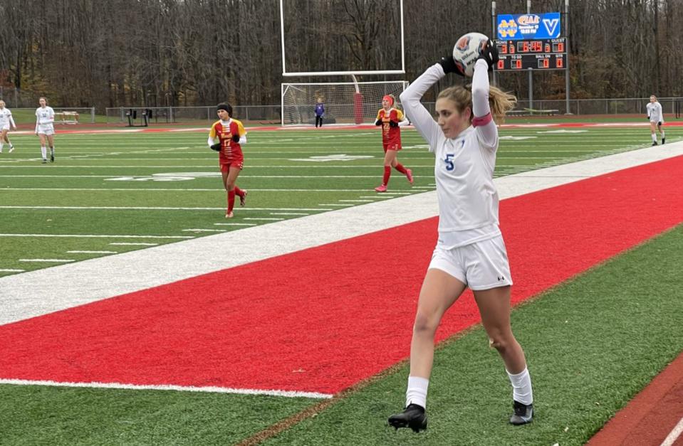 Villa Maria's Ella Raimondi throws the ball in during the Victors' 3-0 loss to North Catholic in the PIAA Class 2A quarterfinals at Neshannock High School on Nov. 13, 2021.