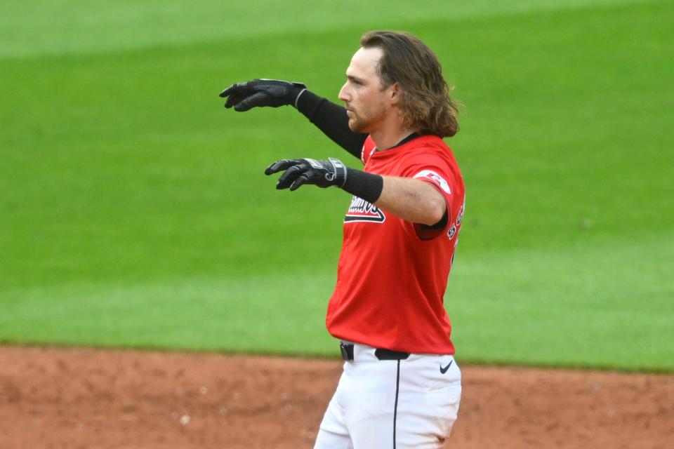 Jul 3, 2024; Cleveland, Ohio, USA; Cleveland Guardians center field Daniel Schneemann (10) celebrates his double in the third inning against the Chicago White Sox at Progressive Field. Mandatory Credit: David Richard-USA TODAY Sports