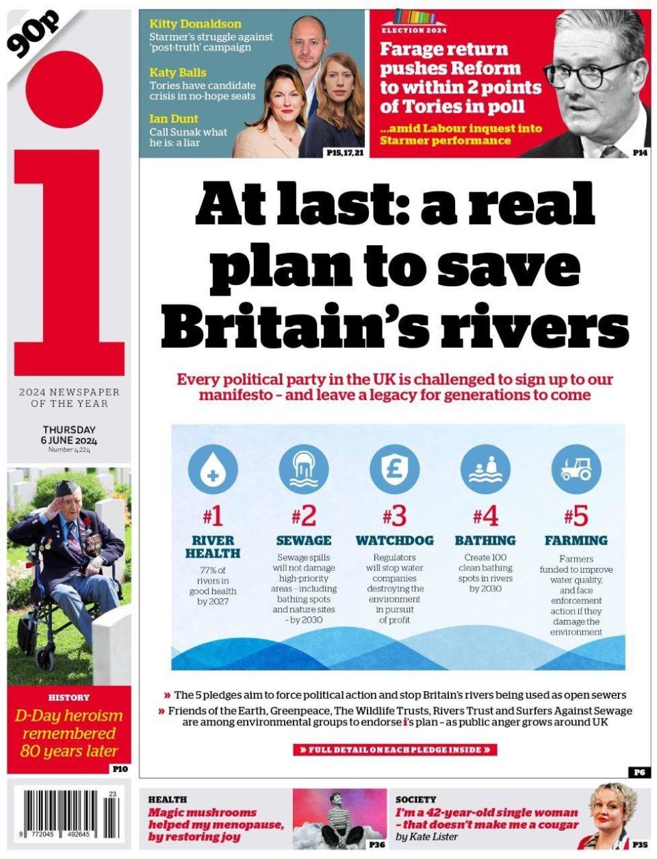 At last: a real plan to save Britain's rivers, reads the front of the i 