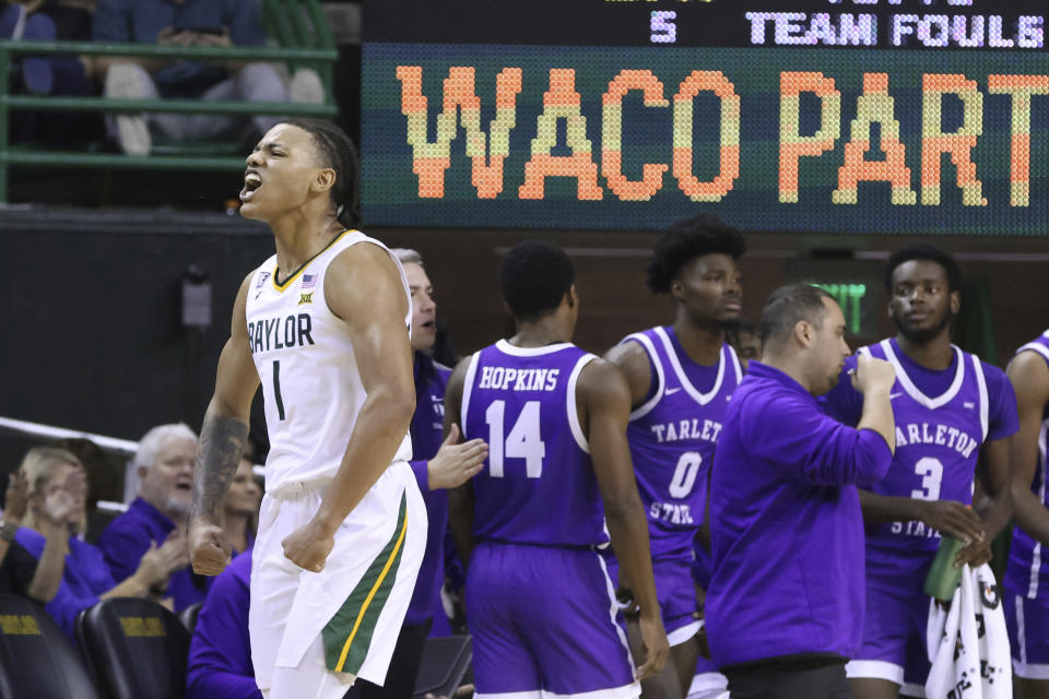 Baylor guard Keyonte George (1) reacts to a score against Tarleton State in the second half of an NCAA college basketball game, Tuesday, Dec. 6, 2022, in Waco, Texas. (AP Photo, Rod Aydelotte)