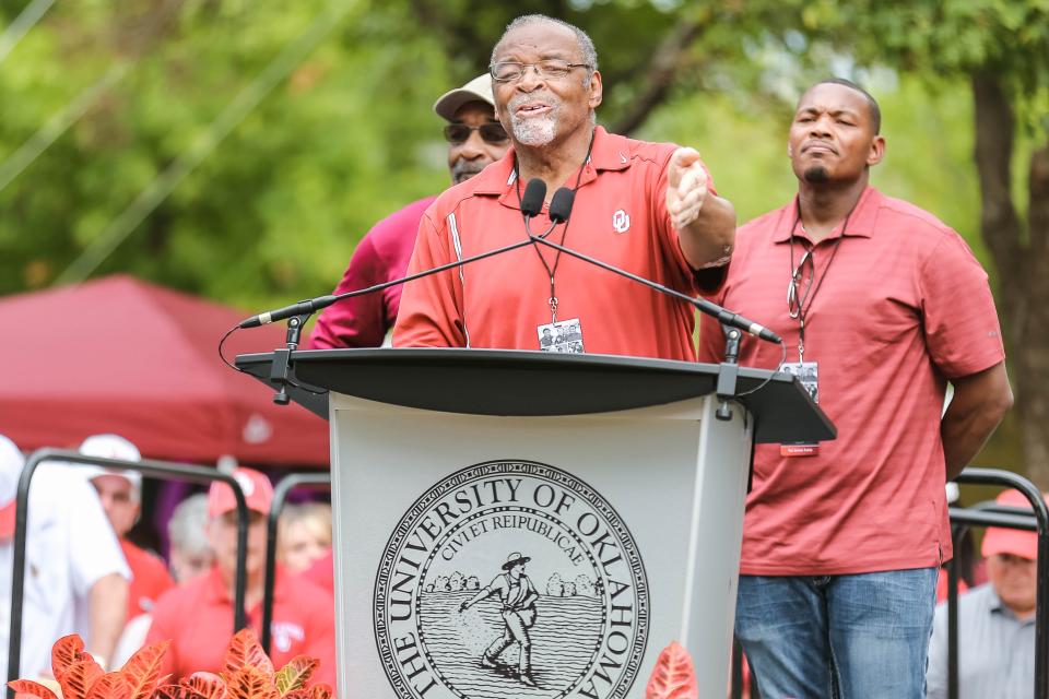 Dewey Selmon speaks on Sept. 24, 2022, before a statue honoring him and his brothers, Lee Roy and Lucious, is revealed before a game outside Gaylord Family-Oklahoma Memorial Stadium in Norman.