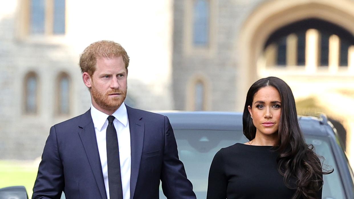 the prince and princess of wales accompanied by the duke and duchess of sussex greet wellwishers outside windsor castle