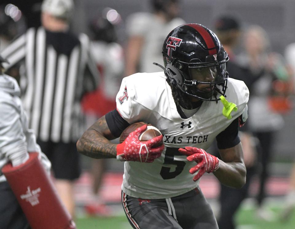 Texas Tech wide receiver Caleb Douglas (5) starred in high school at Fort Bend Hightower. He transferred to Tech in January after two years at Florida.