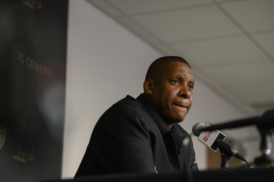 Toronto Raptors president Masai Ujuri speaks about the firing of head coach Nick Nurse during a news conference in Toronto, Friday, April 21, 2023. (Christopher Katsarov/The Canadian Press via AP)