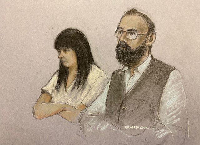 Gemma Barton, who has shaved most of her hair since the start of the trial, and Craig Crouch, depicted earlier in proceedings (Elizabeth Cook/PA) 