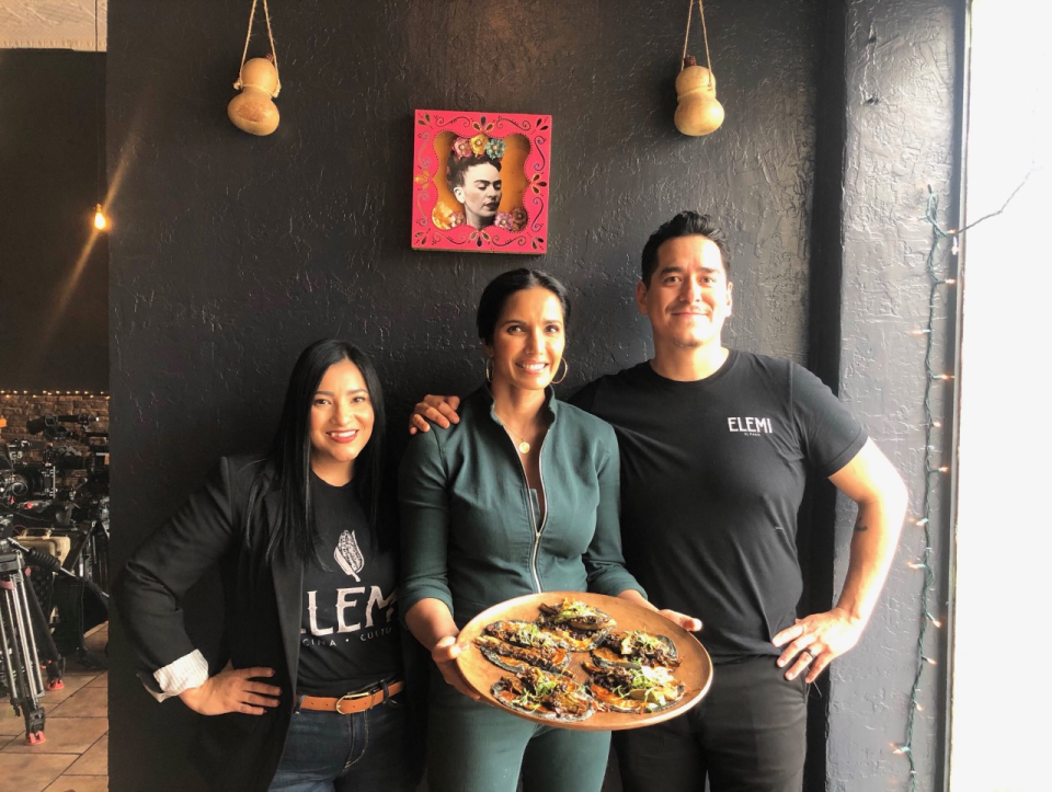 Padma Lakshmi, center, visited with Kristal and Emiliano Marentes at their restaurant Elemi for her Hulu show, "Taste the Nation."