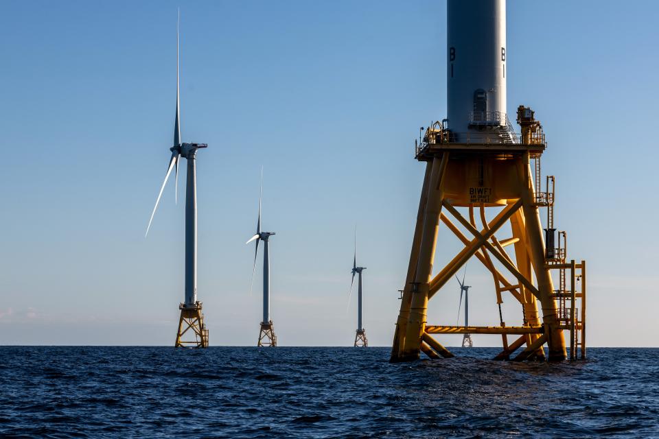 Wind turbines generate electricity at the Block Island Wind Farm on July 07, 2022 near Block Island, Rhode Island. The first commercial offshore wind farm in the United States