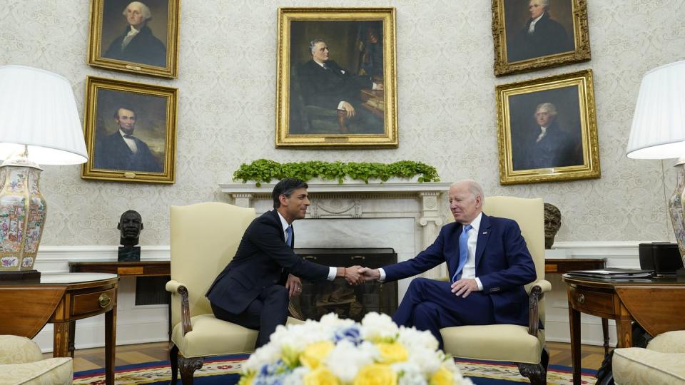 President Joe Biden shakes hands with British Prime Minister Rishi Sunak as they meet in the Oval Office of the White House in Washington, Thursday, June 8, 2023. (Susan Walsh/AP)