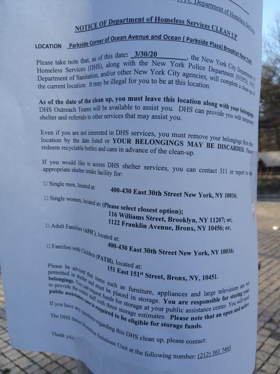 A notice in Prospect Lefferts Gardens tells street homeless people it may be illegal for them to stay in the area and others them shelter options. (Courtesy of Ignacio Choi)
