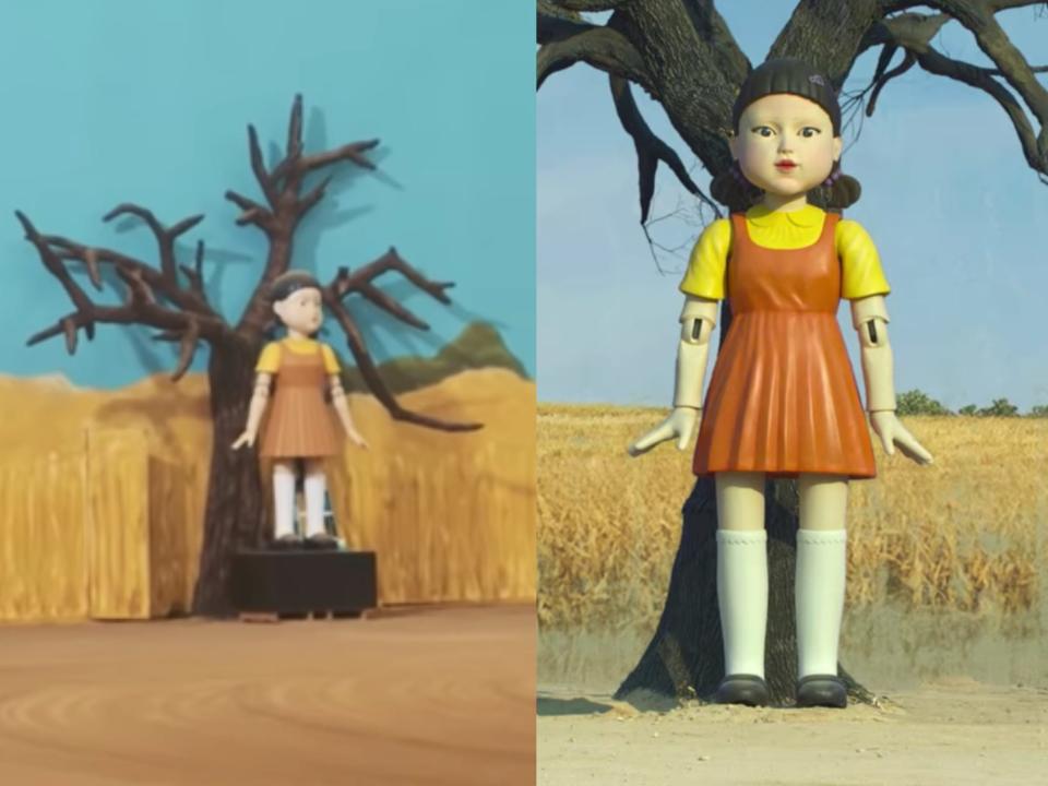 two side by side images of a giant, animatronic girl in a yellow shirt and orange dress standing in front of a fake tree; the left is from mr. beast's squid game video and the right is from the netflix series squid game