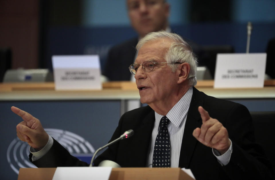 Nominated European foreign policy chief Josep Borrell answers questions during his hearing at the European Parliament in Brussels, Monday, Oct. 7, 2019. (AP Photo/Virginia Mayo)