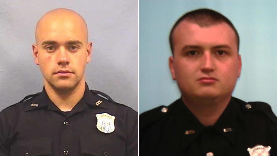 Police officer Garrett Rolfe (left) faces murder charges over the death of Rayshard Brooks, while Devin Bronsan (right) has been placed on administrative duty