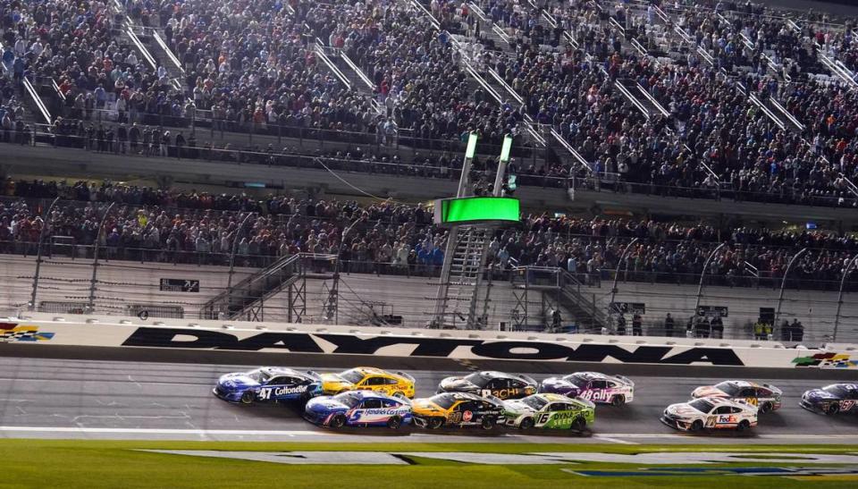 Feb 19, 2023; Daytona Beach, Florida, USA; NASCAR Cup Series driver Ricky Stenhouse Jr. (47) restarts the pack through the trioval during the Daytona 500 at Daytona International Speedway. Mandatory Credit: John David Mercer-USA TODAY Sports