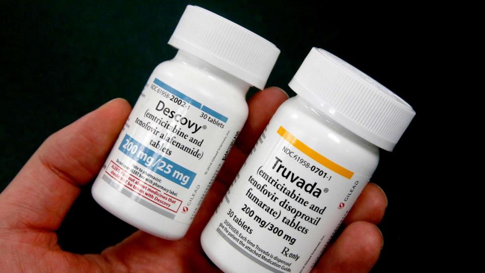 PHOTO: In this Oct. 7, 2019, file photo, a pharmacist displays the HIV prevention drugs Descovy, left and Truvada, right, at a pharmacy in Sacramento, Calif. (Rich Pedroncelli/AP, FILE)