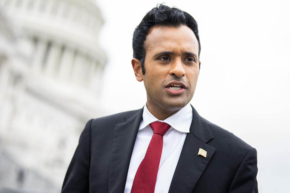 UNITED STATES - JUNE 22: Vivek Ramaswamy, Republican candidate for president, is interviewed outside the U.S. Capitol on Thursday, June 22, 2023. (Tom Williams/CQ-Roll Call, Inc via Getty Images)