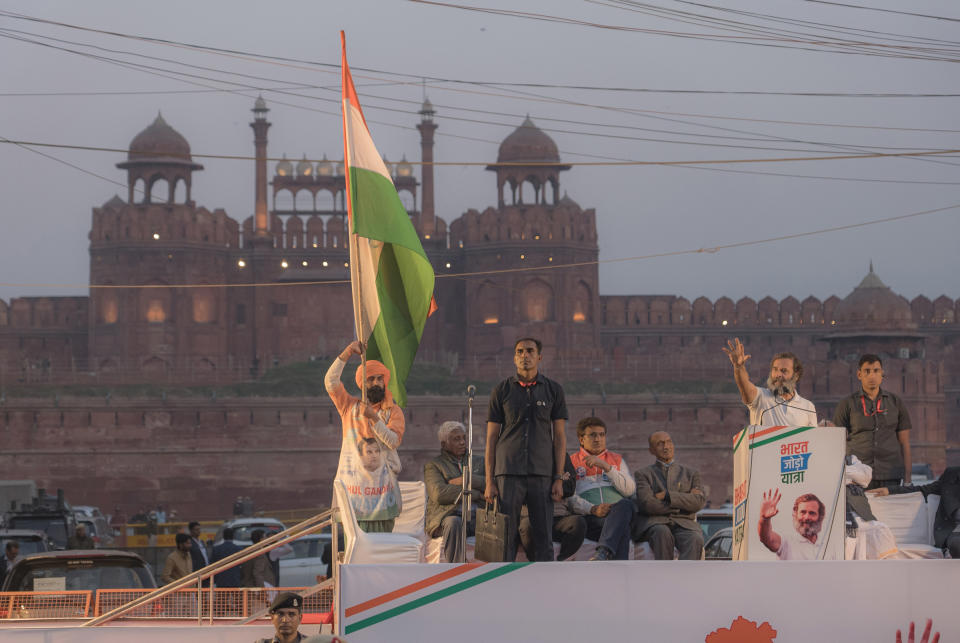 Rahul Gandhi addresses his supporters in front of the Red Fort during the Bharat Jodo Yatra in New Delhi, India on Dec. 24, 2022. He is sharing the stage with Mallikarjun Kharge, the president of Indian National Congress, and film star Kamal Haasan.<span class="copyright">Ronny Sen for TIME</span>