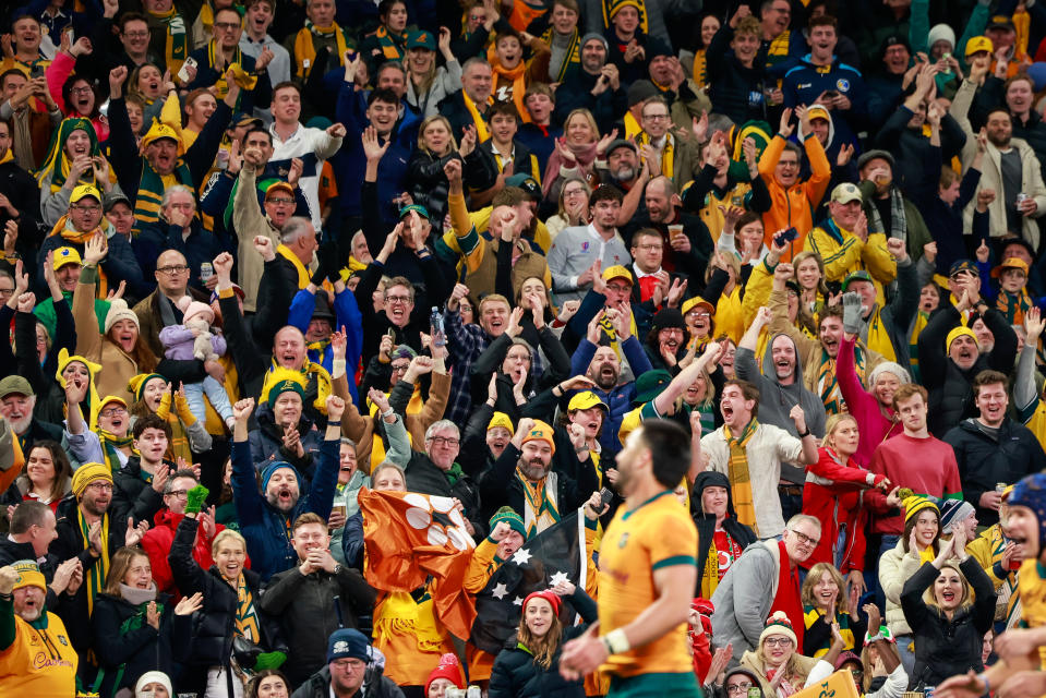 SYDNEY, AUSTRALIA - JULY 06: Wallabies fans show their support during the men's International Test match between Australia Wallabies and Wales at Allianz Stadium on July 06, 2024 in Sydney, Australia. (Photo by Hanna Lassen/Getty Images)