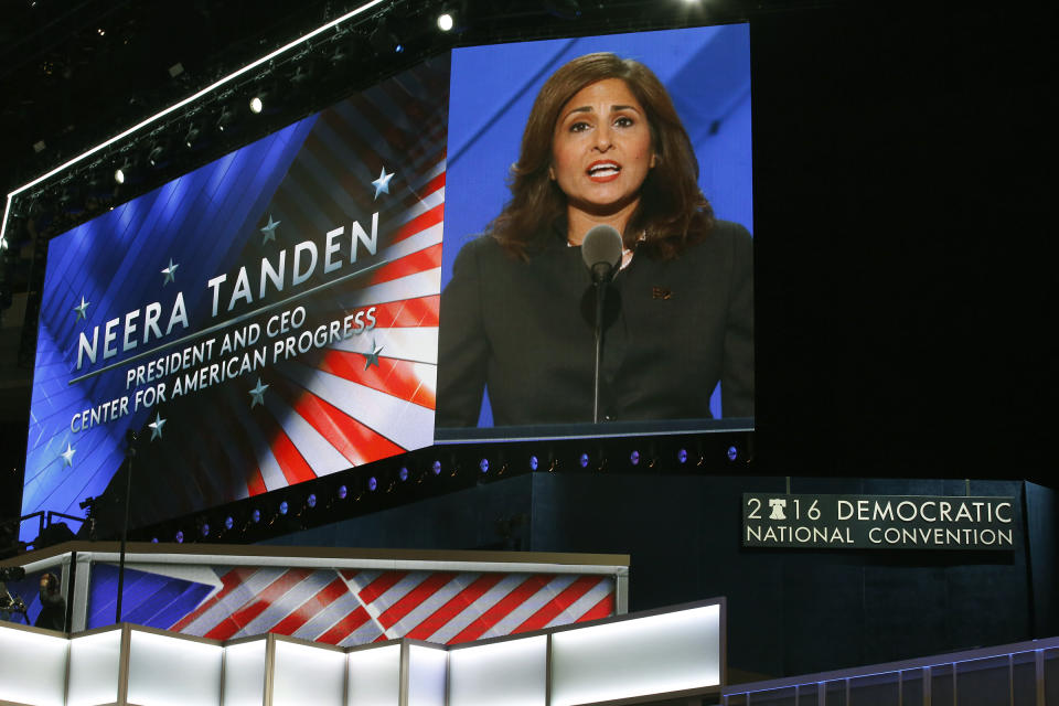 PHILADELPHIA, PENNSYLVANIA--JULY 27, 2016--Neera Tanden, President and CEO for the Center for American Progress appears on the screen as she addresses the delegates on the third day of the Democratic National Convention on Monday, July 27, 2016. (Photo by Carolyn Cole/Los Angeles Times via Getty Images)