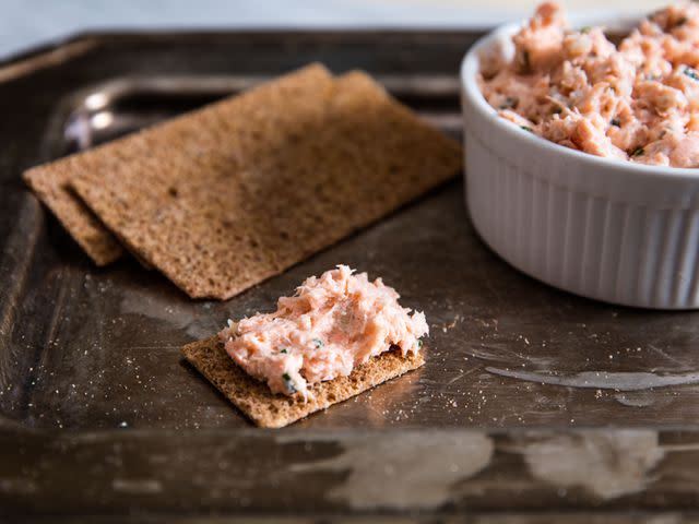 <p>Serious Eats / Vicky Wasik</p> Salmon rillettes should be served lightly chilled, but not so cold that they can't be easily spread on crackers.