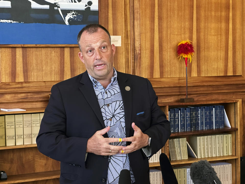 Hawaii Gov. Josh Green speaks to the media, in Honolulu, Friday, Sept. 8, 2023. (AP Photo/Audrey McAvoy)