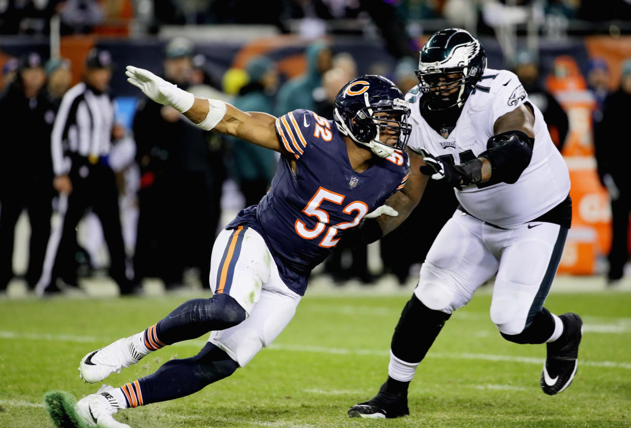 Khalil Mack rushing past Jason Peters.