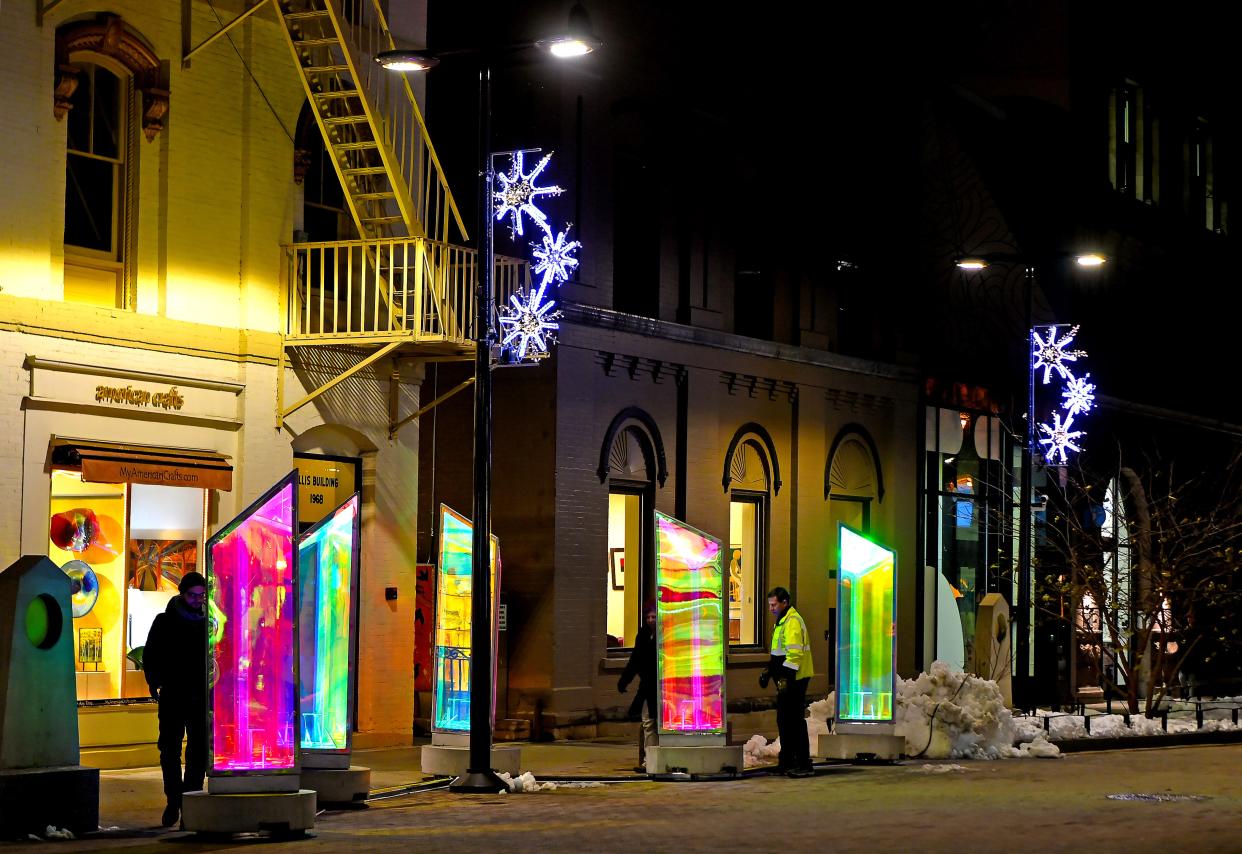 Prismatica is interactive art trail that features 25 luminous prisms. Here the display is seen in Ithaca in 2019.