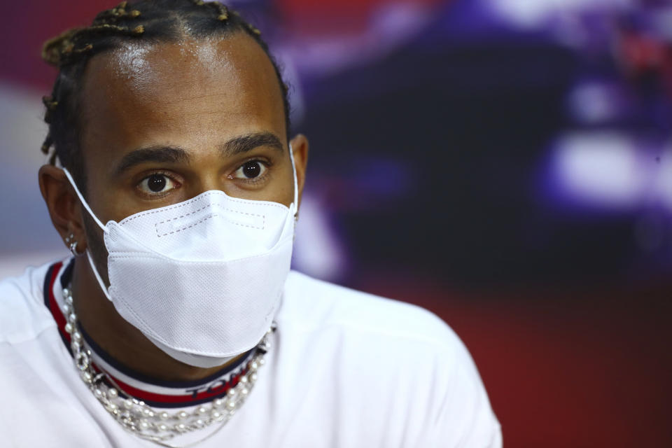 Mercedes driver Lewis Hamilton of Britain attends the Formula One Bahrain Grand Prix press conference in Sakhir, Bahrain, Thursday, March 25,2021. (Dan Istitene, Pool via AP)