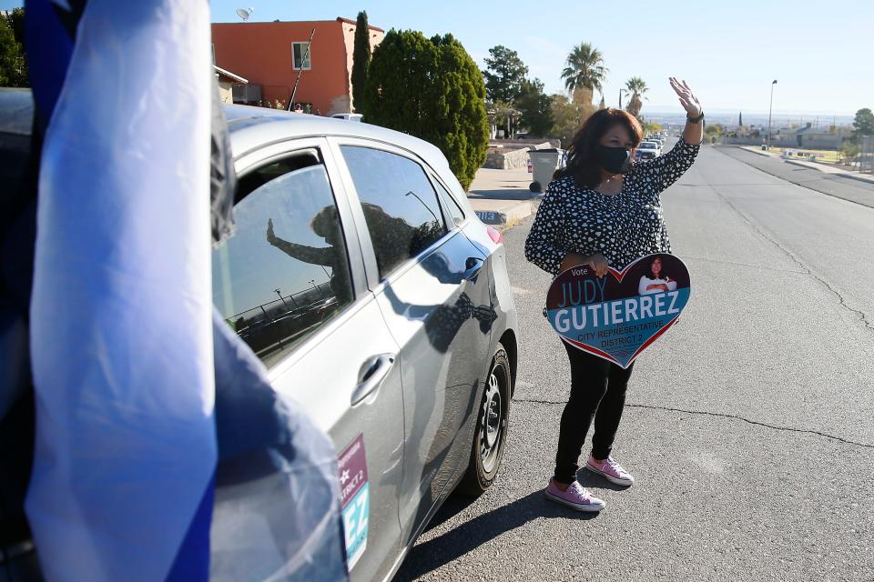 Judy Gutierrez, candidate for City Council, District 2, campaigning on Election Day, Tuesday, Nov. 3, 2020, at Grandview Park Senior Citizen Center in El Paso.