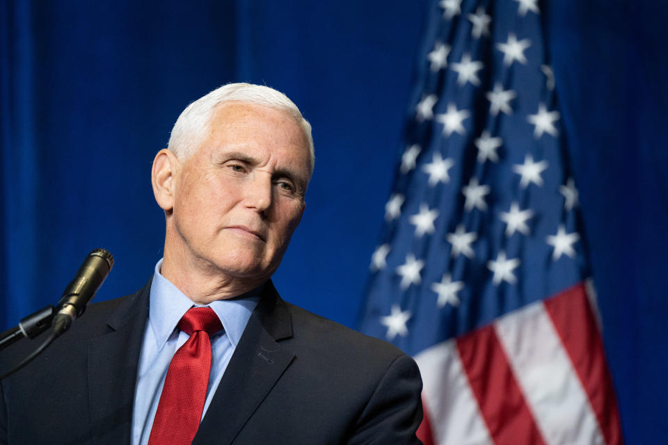 COLUMBIA, SC - APRIL 29: Former Vice President Mike Pence speaks to a crowd during an event sponsored by the Palmetto Family organization on April 29, 2021 in Columbia, South Carolina. The address was his first since the end of his vice presidency. (Photo by Sean Rayford/Getty Images)