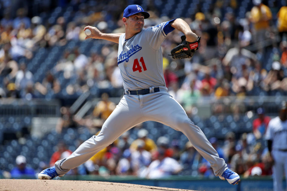 Los Angeles Dodgers starting pitcher Daniel Hudson delivers in the first inning of a baseball game against the Pittsburgh Pirates in Pittsburgh, Thursday, June 7, 2018. (AP Photo/Gene J. Puskar)