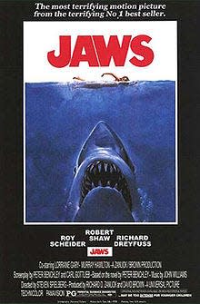 The movie poster for Steven Spielberg’s 1975 summer blockbuster “Jaws.” Can great white sharks really measure 25-feet like in the film? Opinions are mixed on the matter.