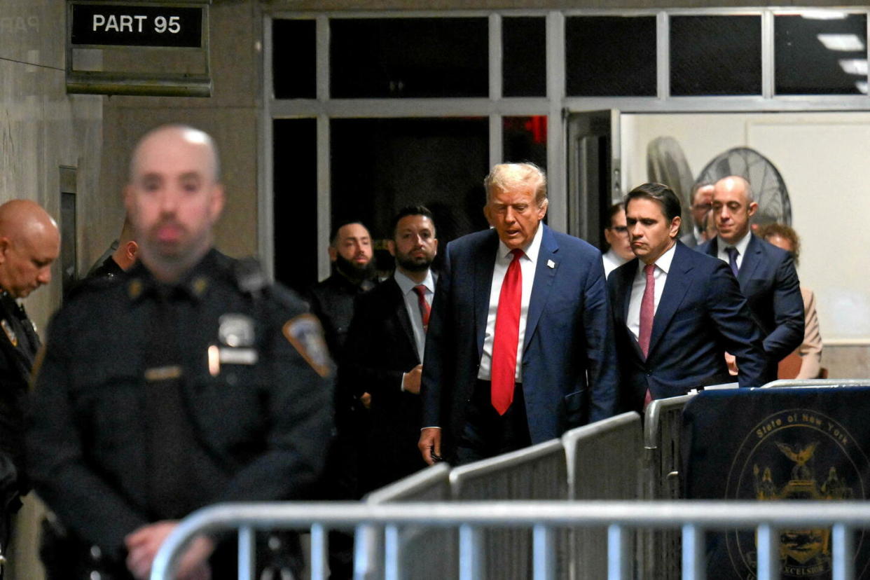 L'ancien président américain Donald Trump à son arrivée lors de son premier jour de procès à New York, le 15 avril.  - Credit:Angela Weiss/Pool/Reuters